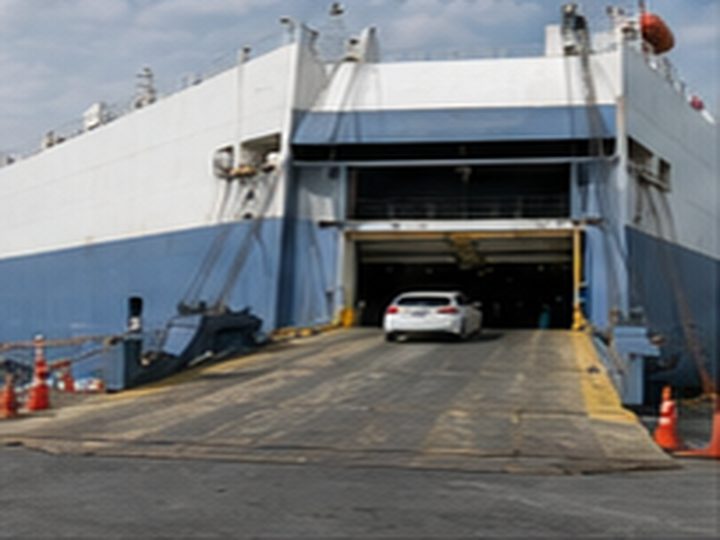 RoRo vessel loading ramp for vehicle export from Japan
